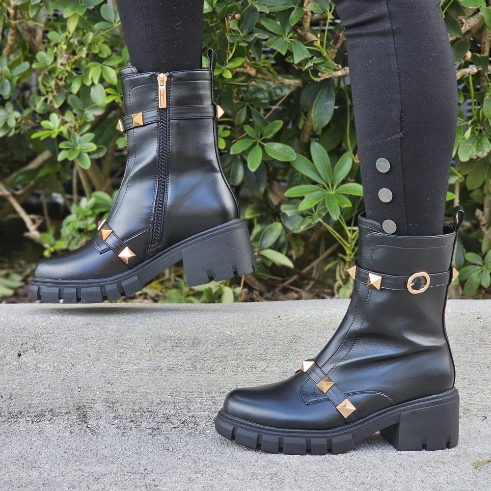 Women's Black Pyramid Stud Ankle Combat Boot - Picture 2 of 5